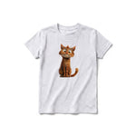 A ash grey short-sleeve crewneck t-shirt for youth featuring a graphic of a cat on the front.
