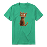 Un T-shirt kelly à manches courtes et col rond, orné d'un motif représentant un chat sur le devant.