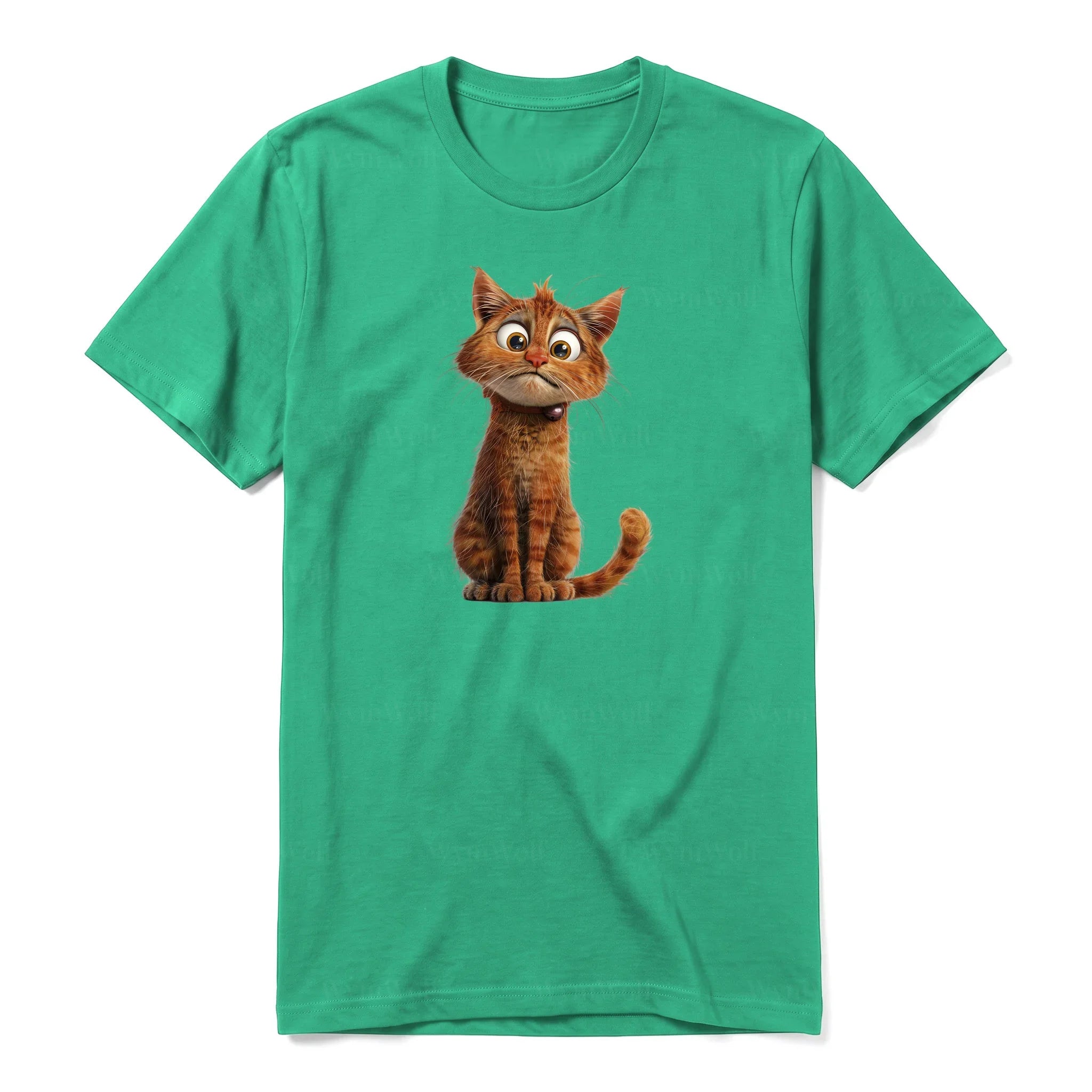 Un T-shirt kelly à manches courtes et col rond, orné d'un motif représentant un chat sur le devant.