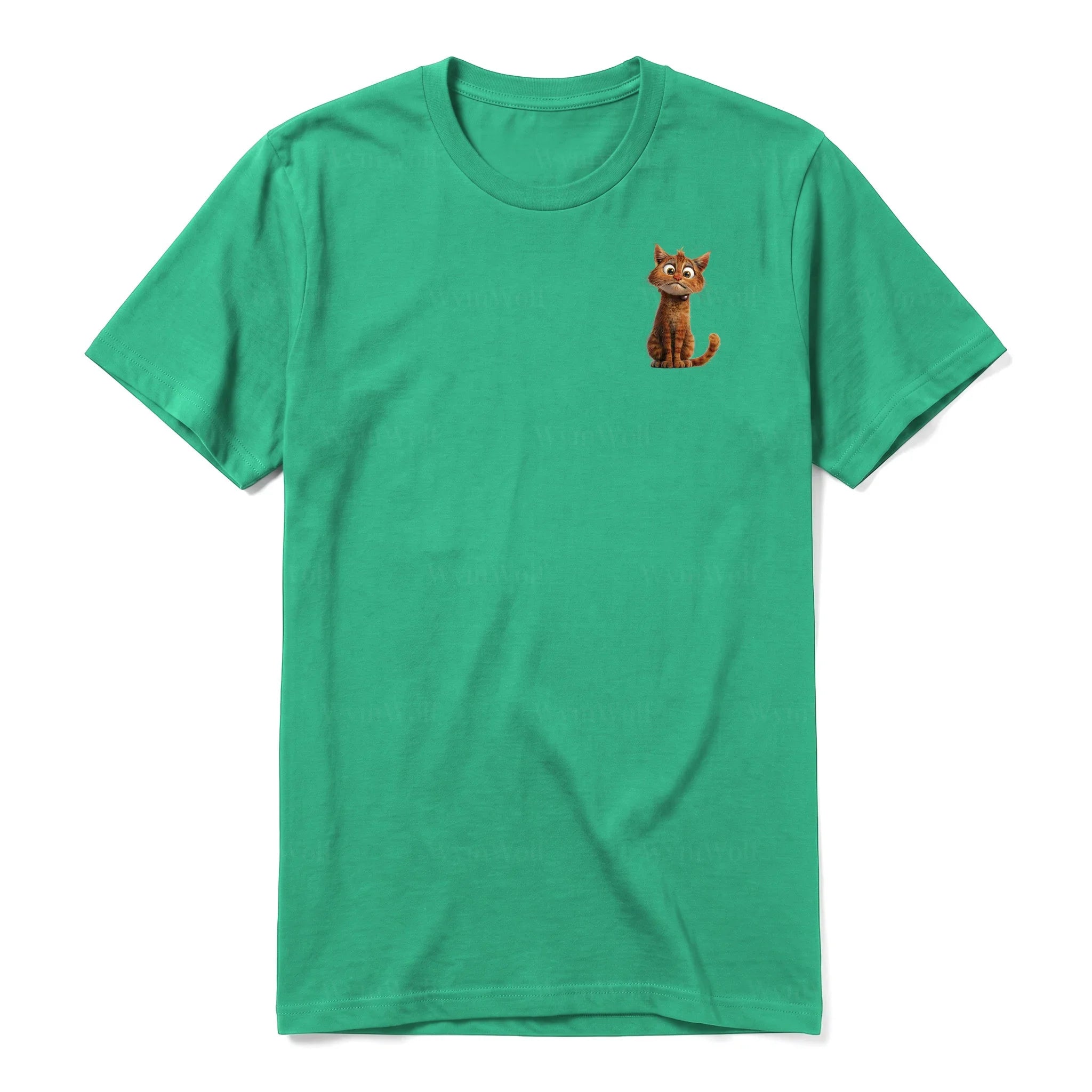 Un T-shirt kelly à manches courtes et col rond, orné d'un motif représentant un chat sur la poitrine gauche.