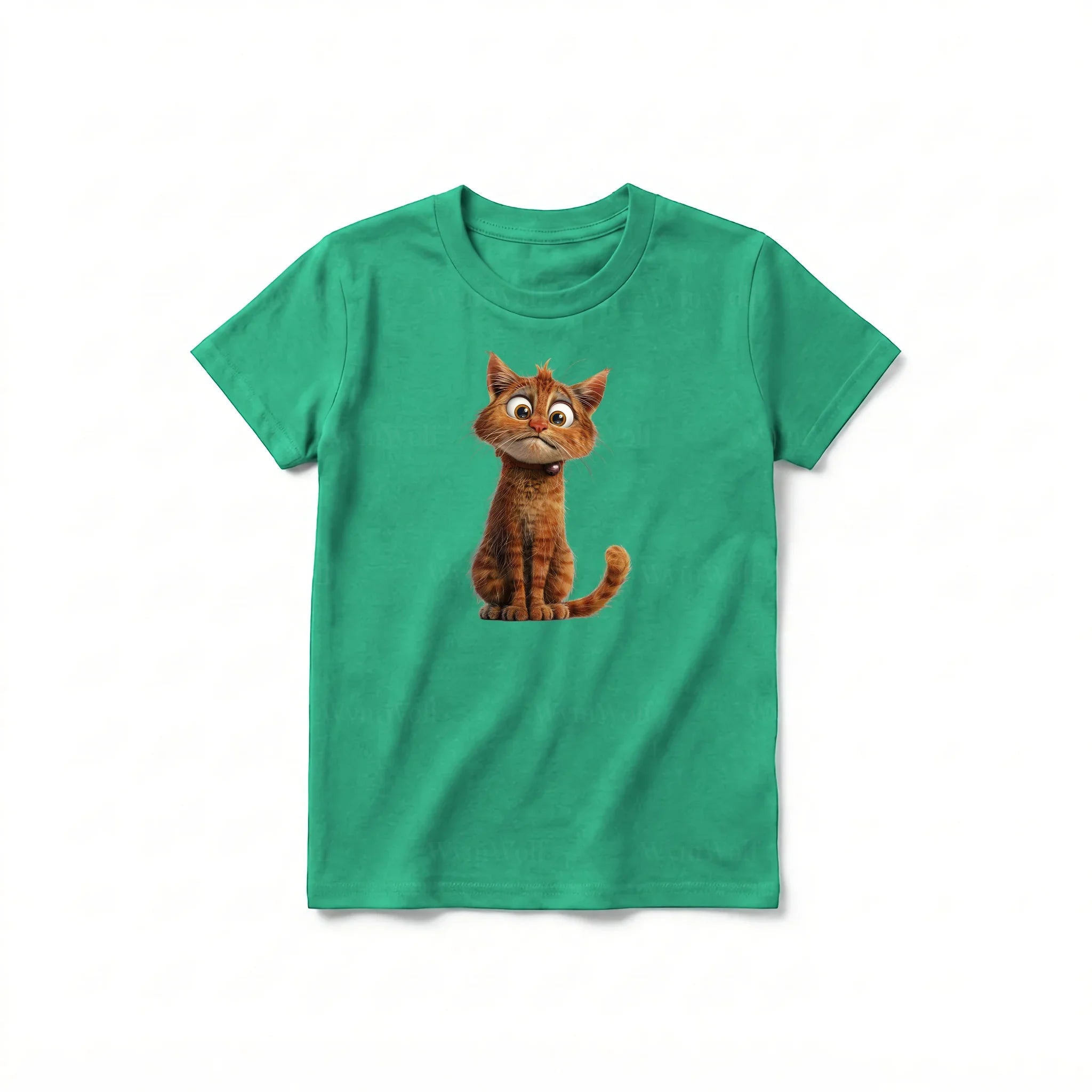 Un T-shirt kelly à manches courtes et col rond pour jeune, orné d'un motif représentant un chat sur le devant.