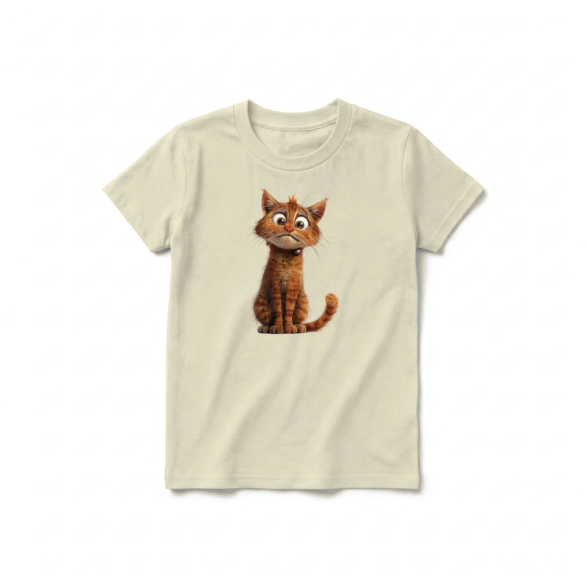Un T-shirt latte à manches courtes et col rond pour jeune, orné d'un motif représentant un chat sur le devant.