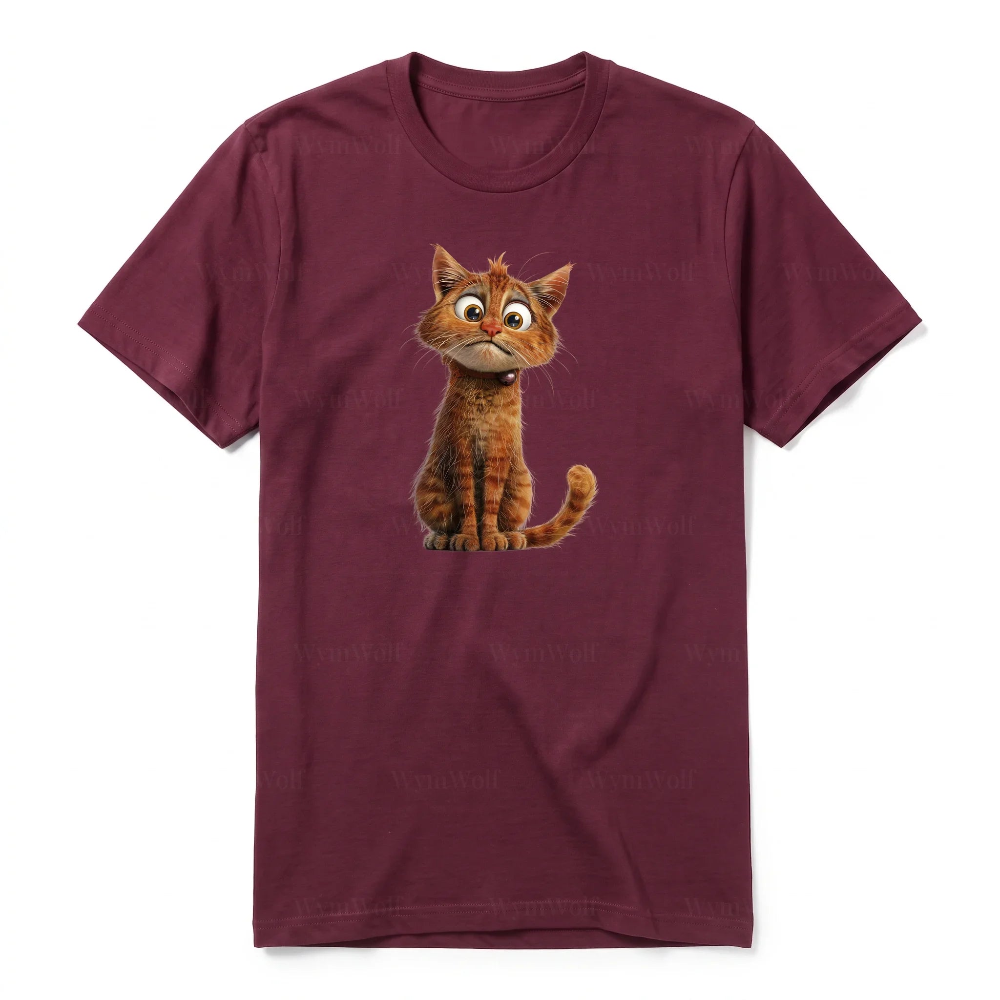 A maroon short-sleeve crewneck t-shirt for adult featuring a graphic of a cat on the front.
