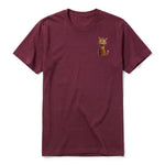 A maroon short-sleeve crewneck t-shirt for adult featuring a graphic of a cat on the left chest.