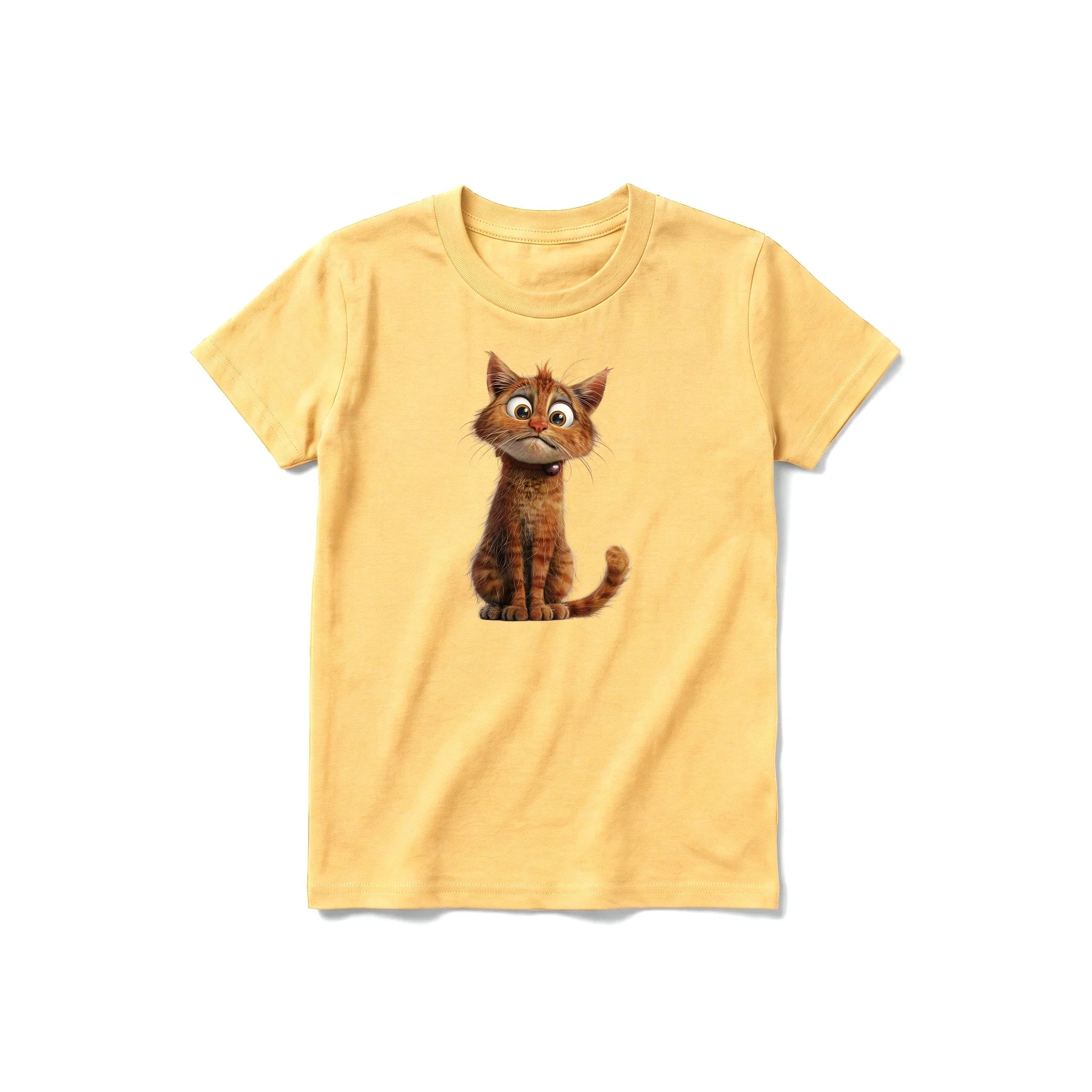 A mustard short-sleeve crewneck t-shirt for youth featuring a graphic of a cat on the front.