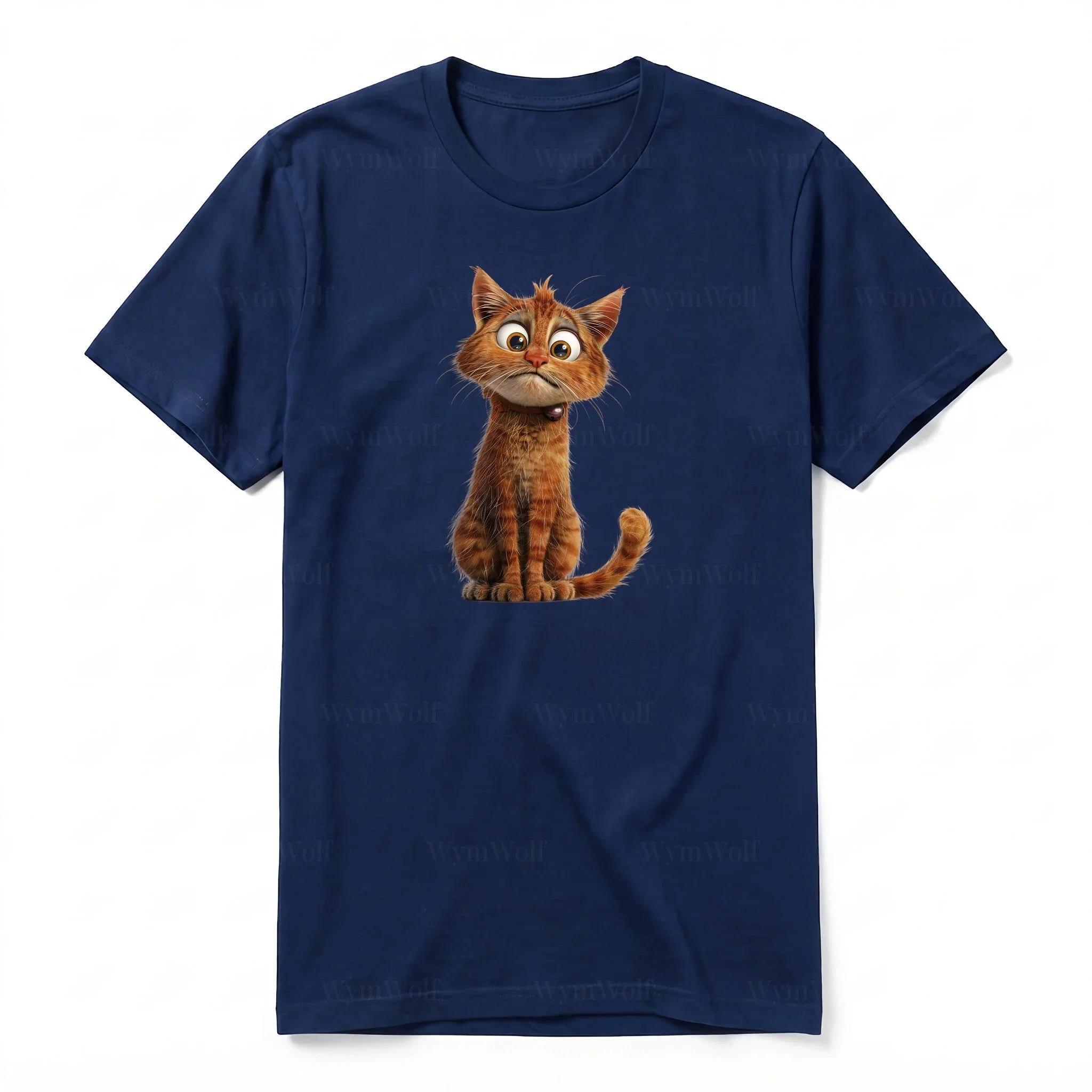A navy short-sleeve crewneck t-shirt for adult featuring a graphic of a cat on the front.