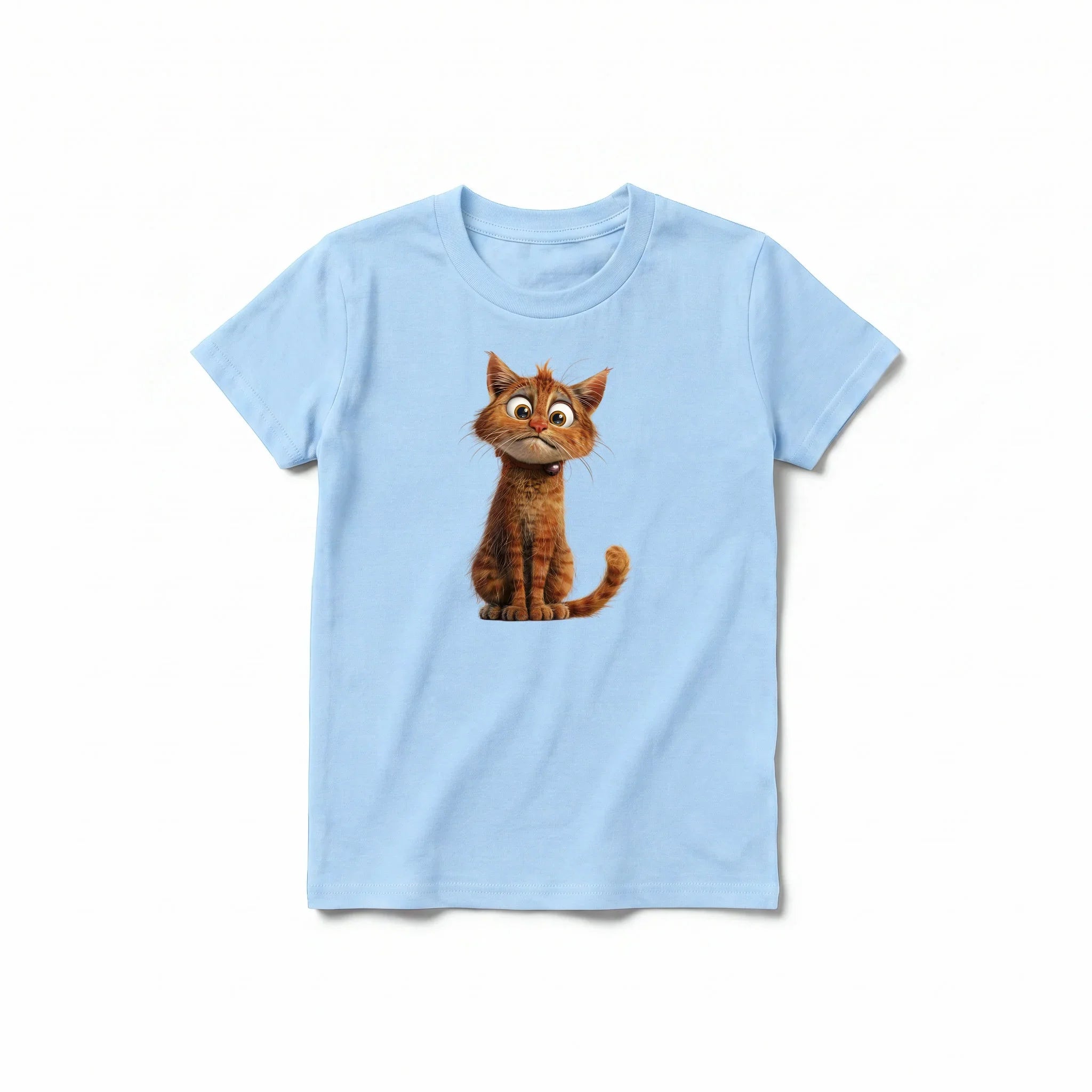 A powder short-sleeve crewneck t-shirt for youth featuring a graphic of a cat on the front.