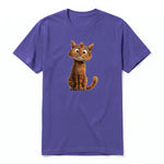 A purple short-sleeve crewneck t-shirt for adult featuring a graphic of a cat on the front.