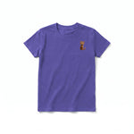 A purple short-sleeve crewneck t-shirt for youth featuring a graphic of a cat on the left chest.