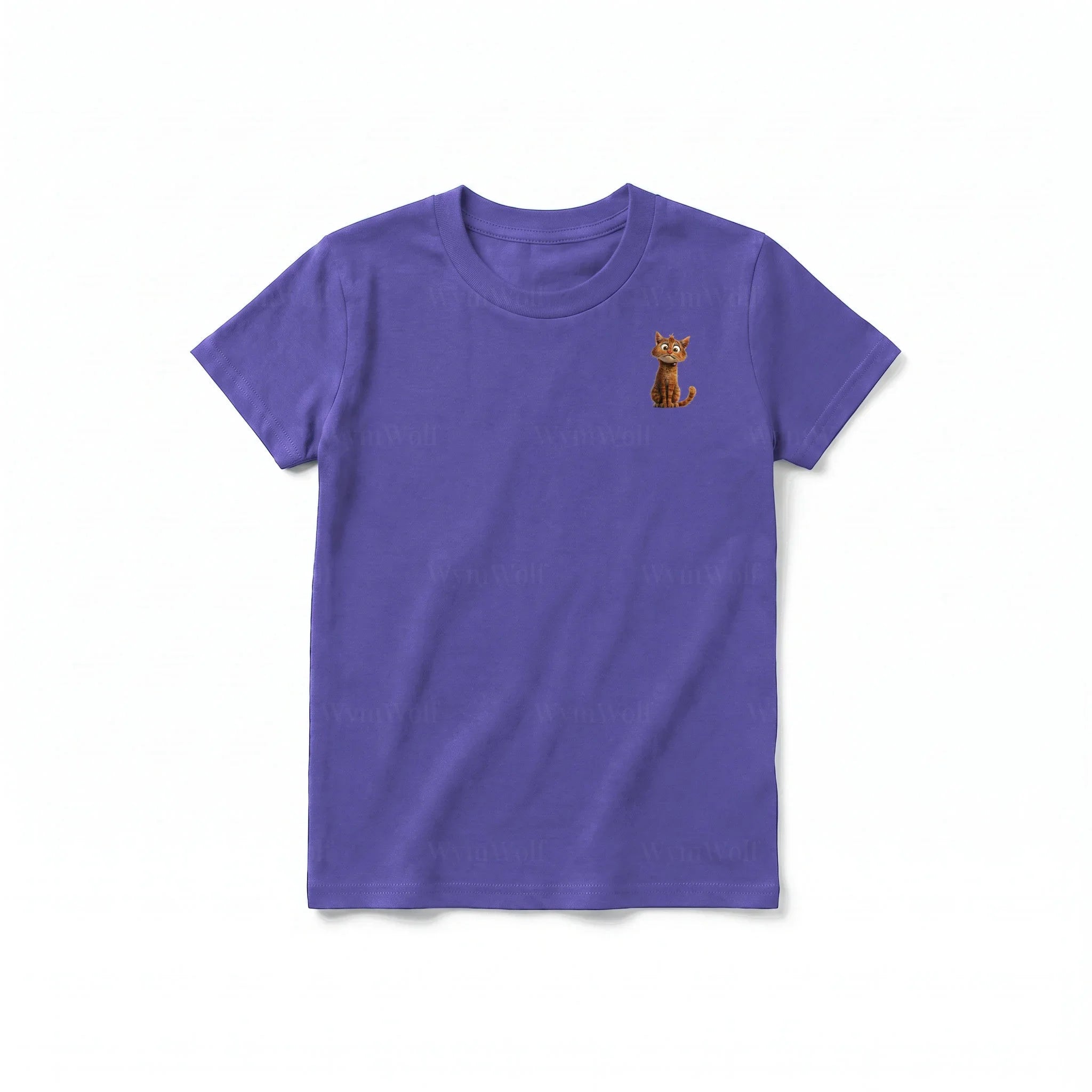 A purple short-sleeve crewneck t-shirt for youth featuring a graphic of a cat on the left chest.