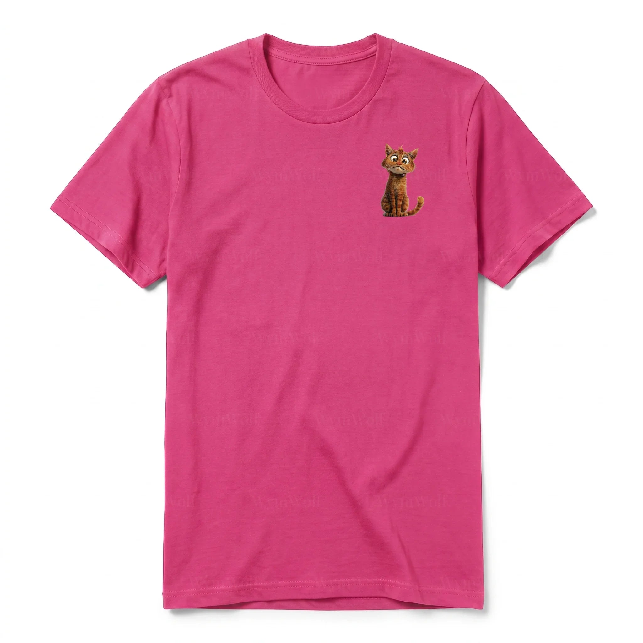 A raspberry short-sleeve crewneck t-shirt for adult featuring a graphic of a cat on the left chest.
