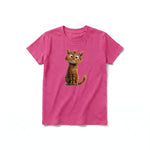 A raspberry short-sleeve crewneck t-shirt for youth featuring a graphic of a cat on the front.