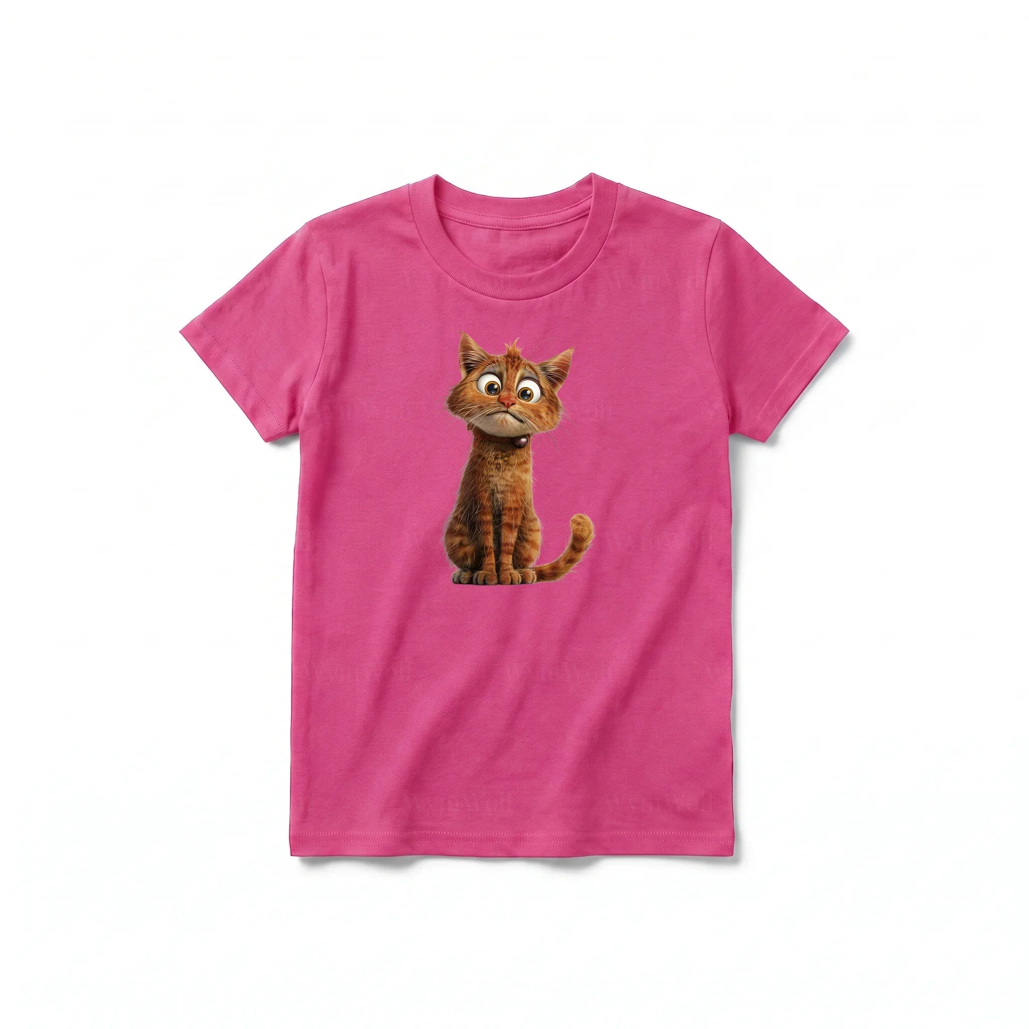 A raspberry short-sleeve crewneck t-shirt for youth featuring a graphic of a cat on the front.