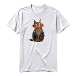 A ash grey short-sleeve crewneck t-shirt for adult featuring a graphic of a cat on the front.