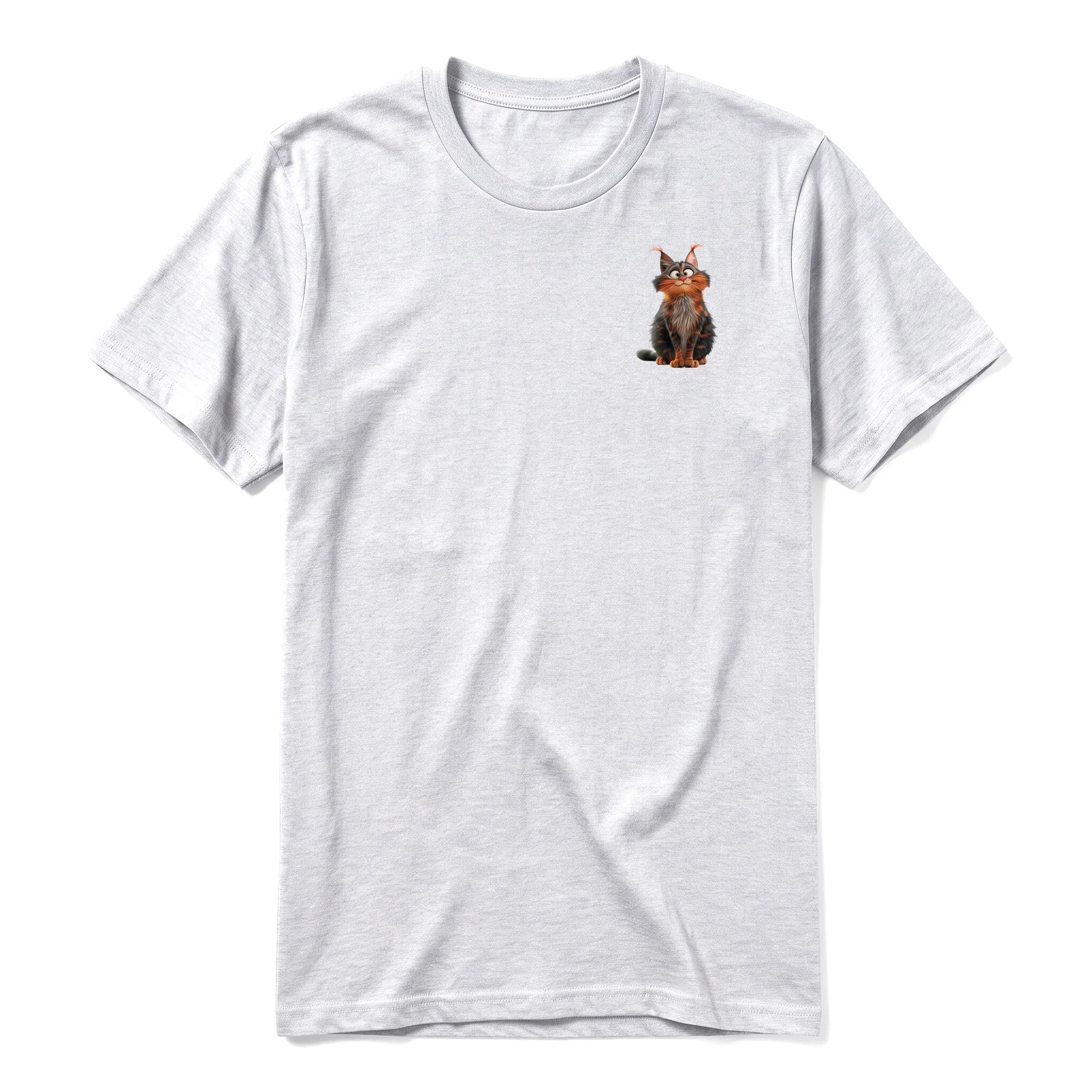 A ash grey short-sleeve crewneck t-shirt for adult featuring a graphic of a cat on the left chest.