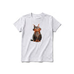 A ash grey short-sleeve crewneck t-shirt for youth featuring a graphic of a cat on the front.