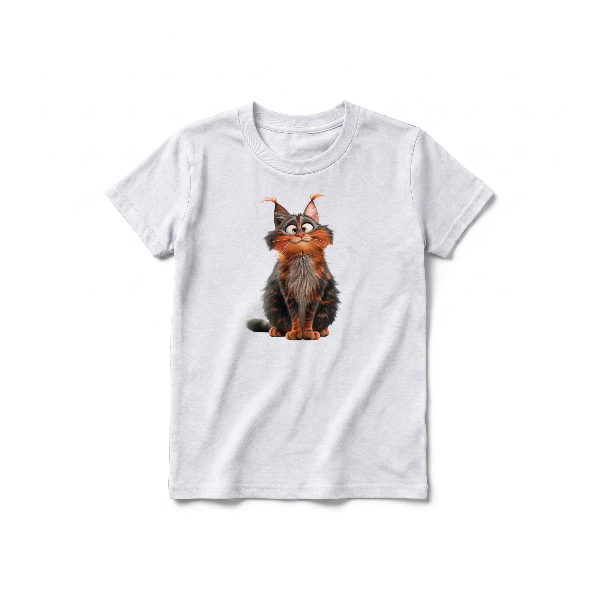 A ash grey short-sleeve crewneck t-shirt for youth featuring a graphic of a cat on the front.