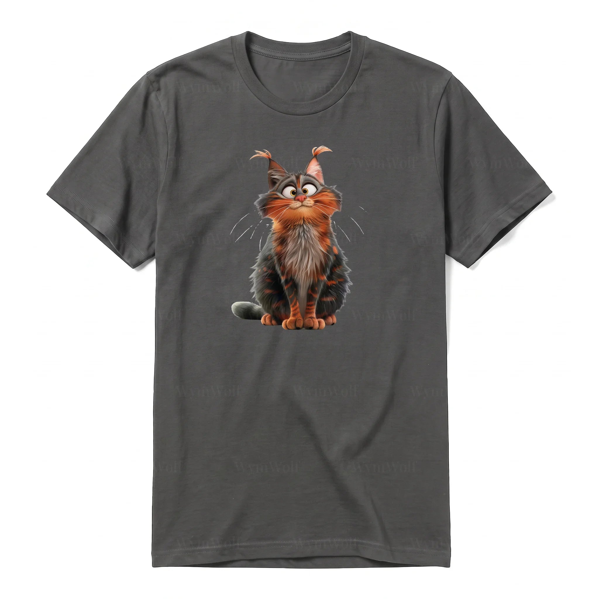 Un T-shirt charbon à manches courtes et col rond, orné d'un motif représentant un chat sur le devant.