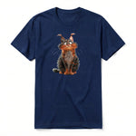 A navy short-sleeve crewneck t-shirt for adult featuring a graphic of a cat on the front.