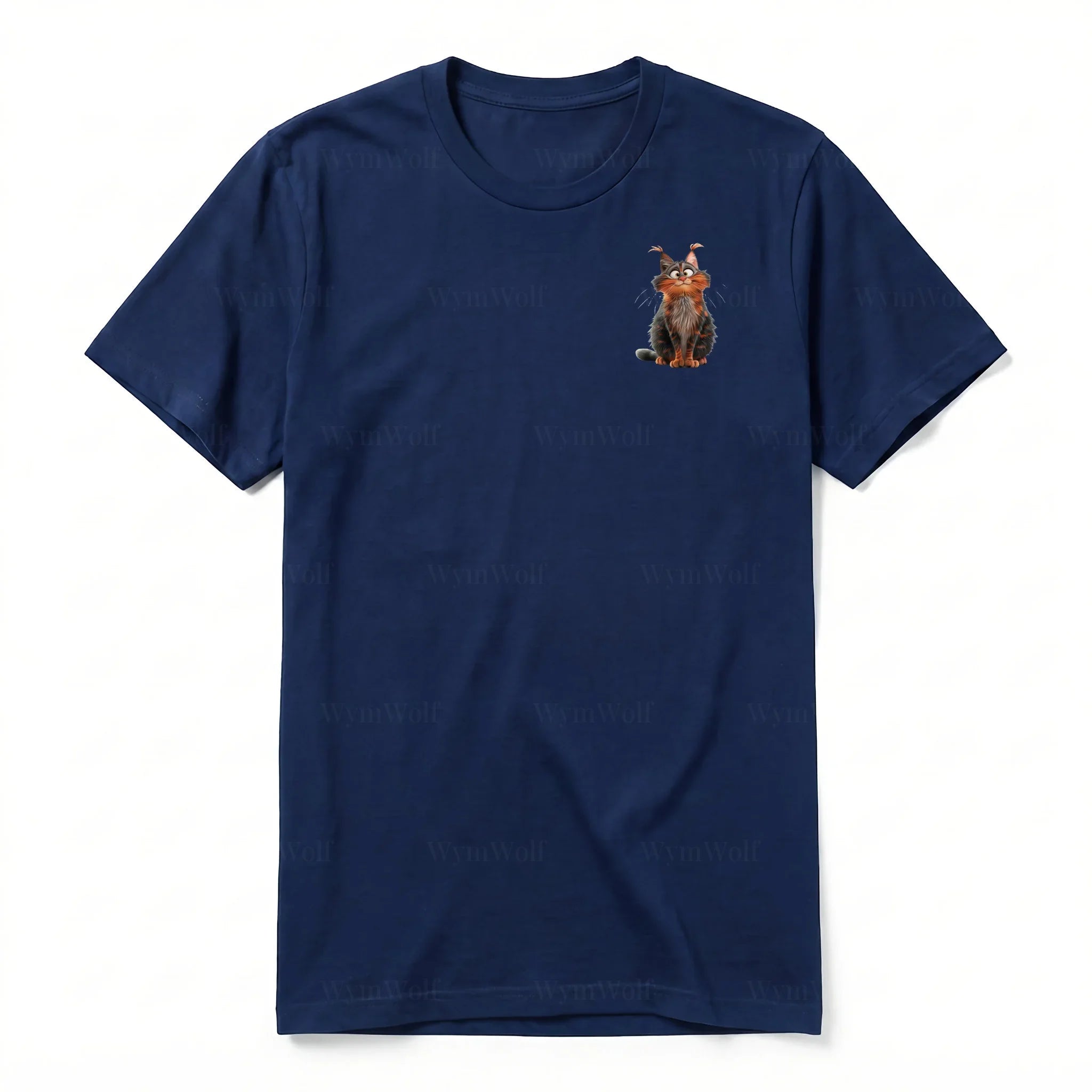 A navy short-sleeve crewneck t-shirt for adult featuring a graphic of a cat on the left chest.