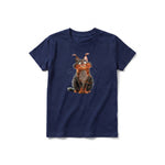 A navy short-sleeve crewneck t-shirt for youth featuring a graphic of a cat on the front.