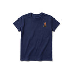 A navy short-sleeve crewneck t-shirt for youth featuring a graphic of a cat on the left chest.
