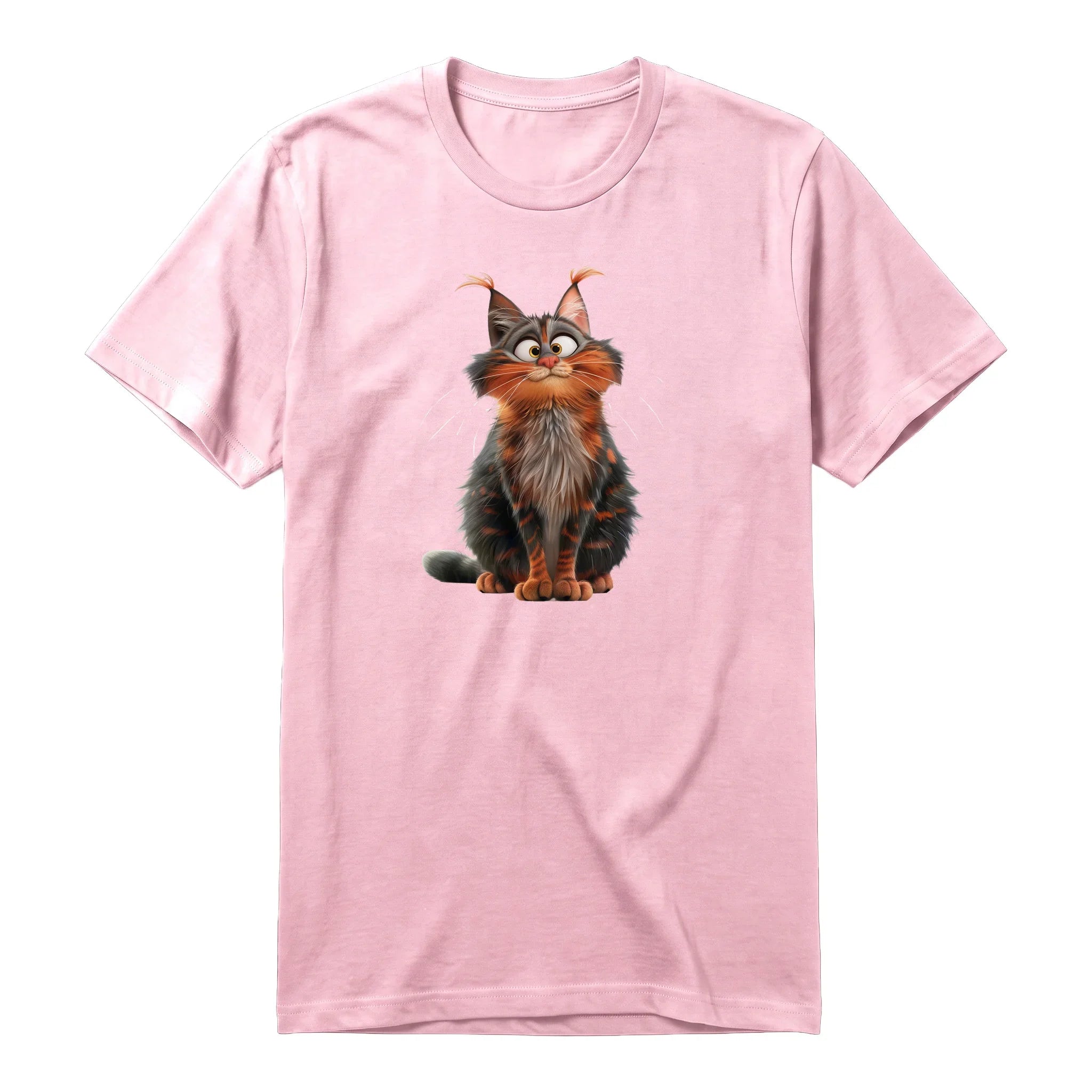 Un T-shirt rose à manches courtes et col rond, orné d'un motif représentant un chat sur le devant.