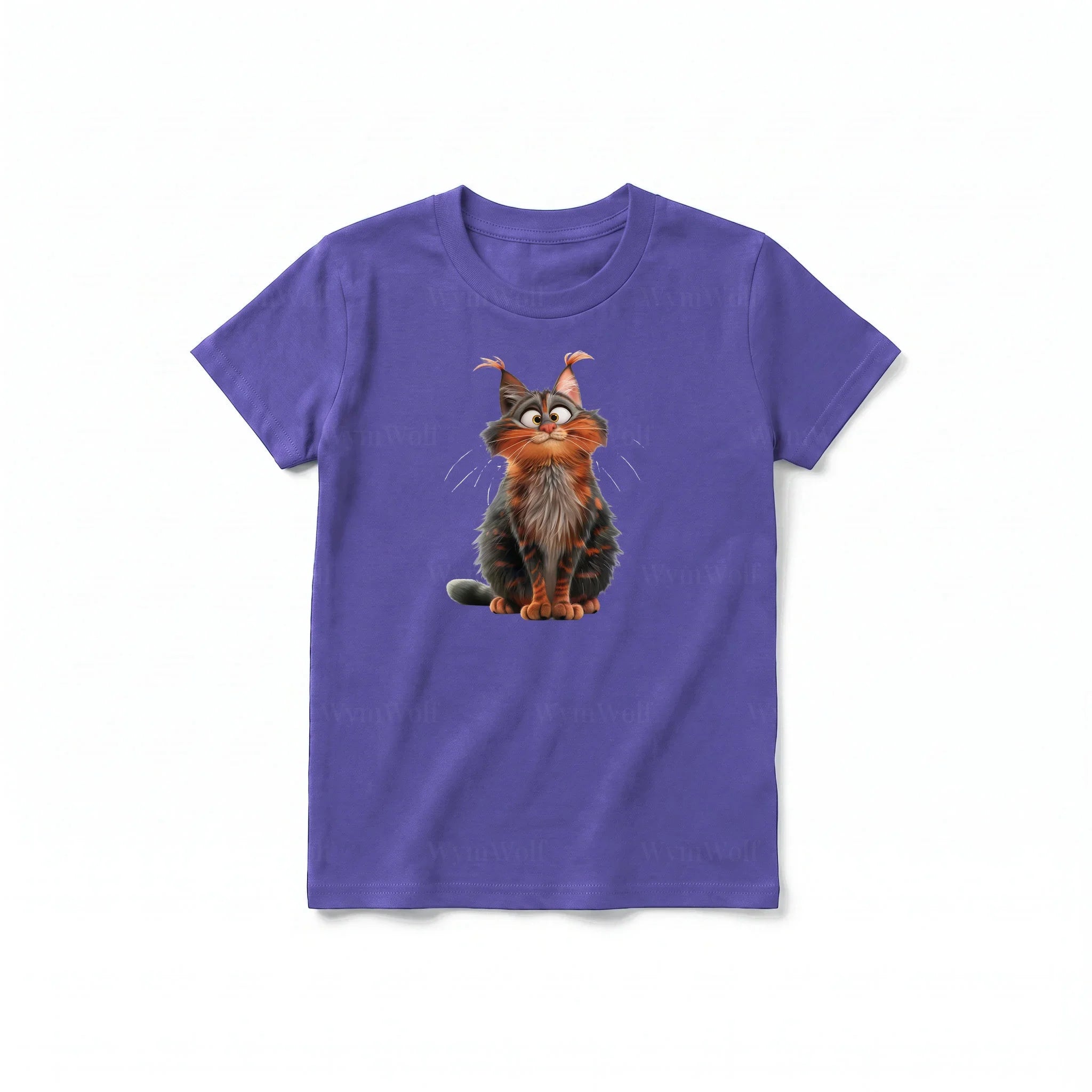 Un T-shirt violet à manches courtes et col rond pour jeune, orné d'un motif représentant un chat sur le devant.