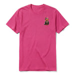 A raspberry short-sleeve crewneck t-shirt for adult featuring a graphic of a cat on the left chest.