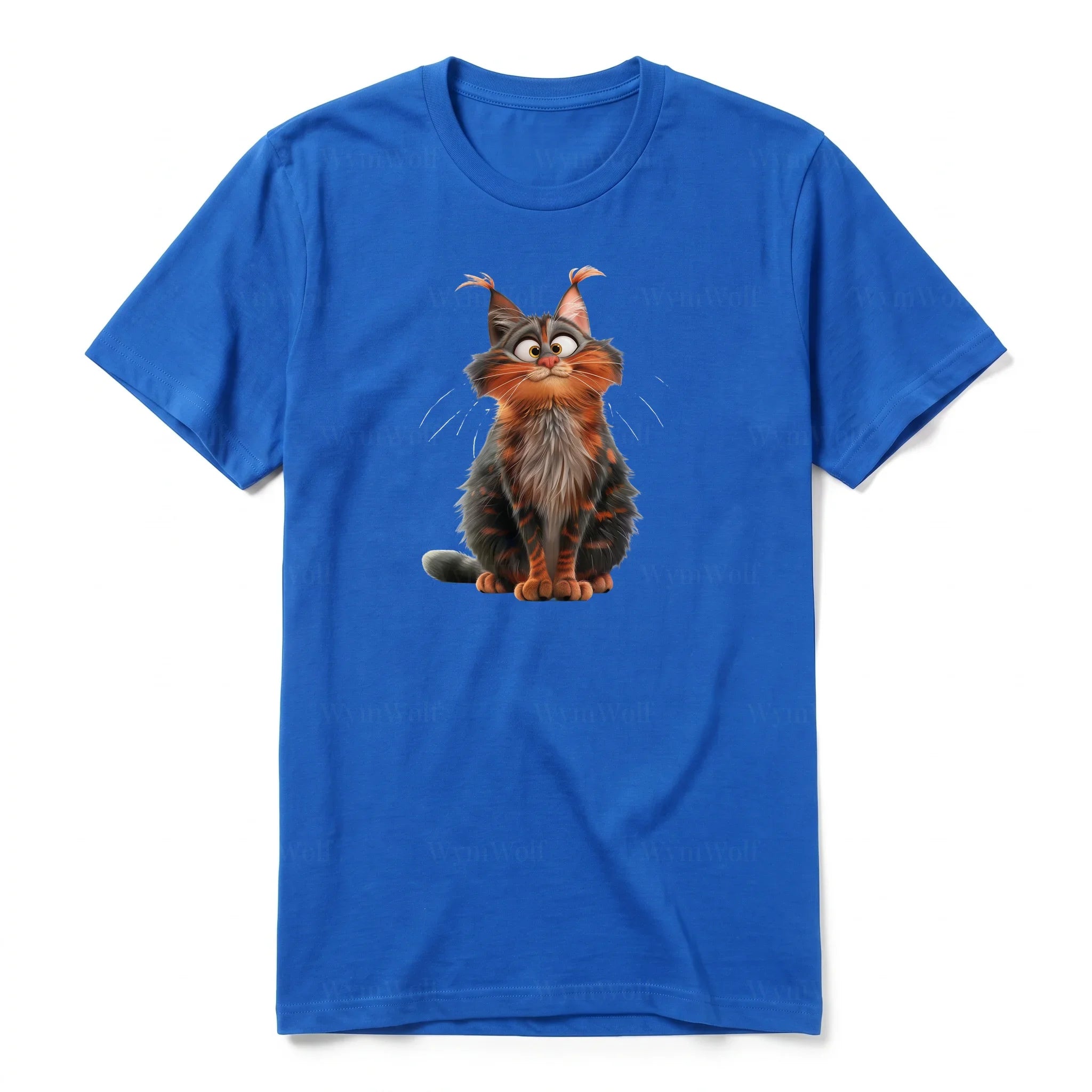 Un T-shirt royal à manches courtes et col rond, orné d'un motif représentant un chat sur le devant.
