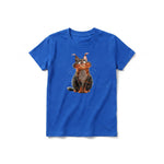 Un T-shirt royal à manches courtes et col rond pour jeune, orné d'un motif représentant un chat sur le devant.