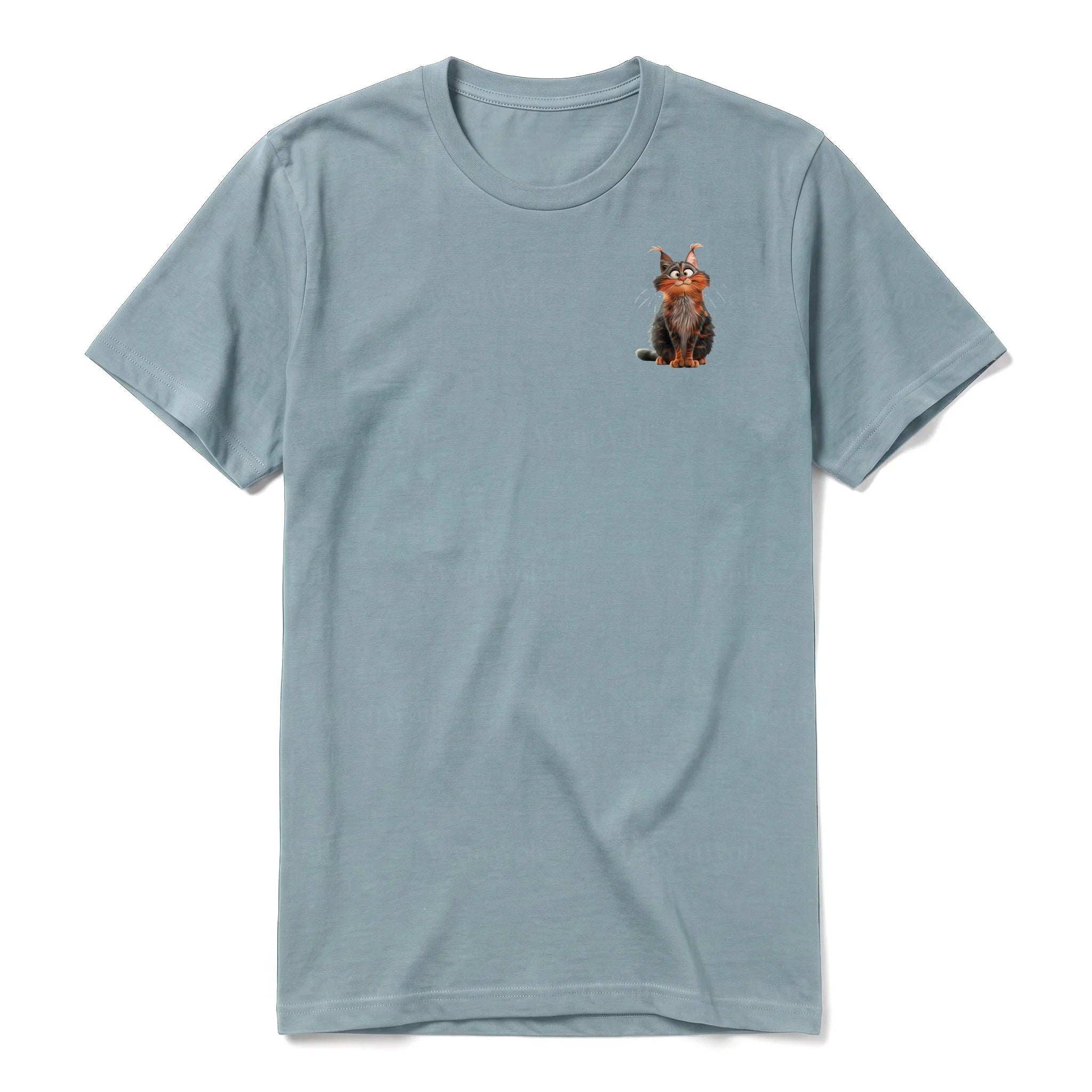 Un T-shirt sauge à manches courtes et col rond, orné d'un motif représentant un chat sur la poitrine gauche.