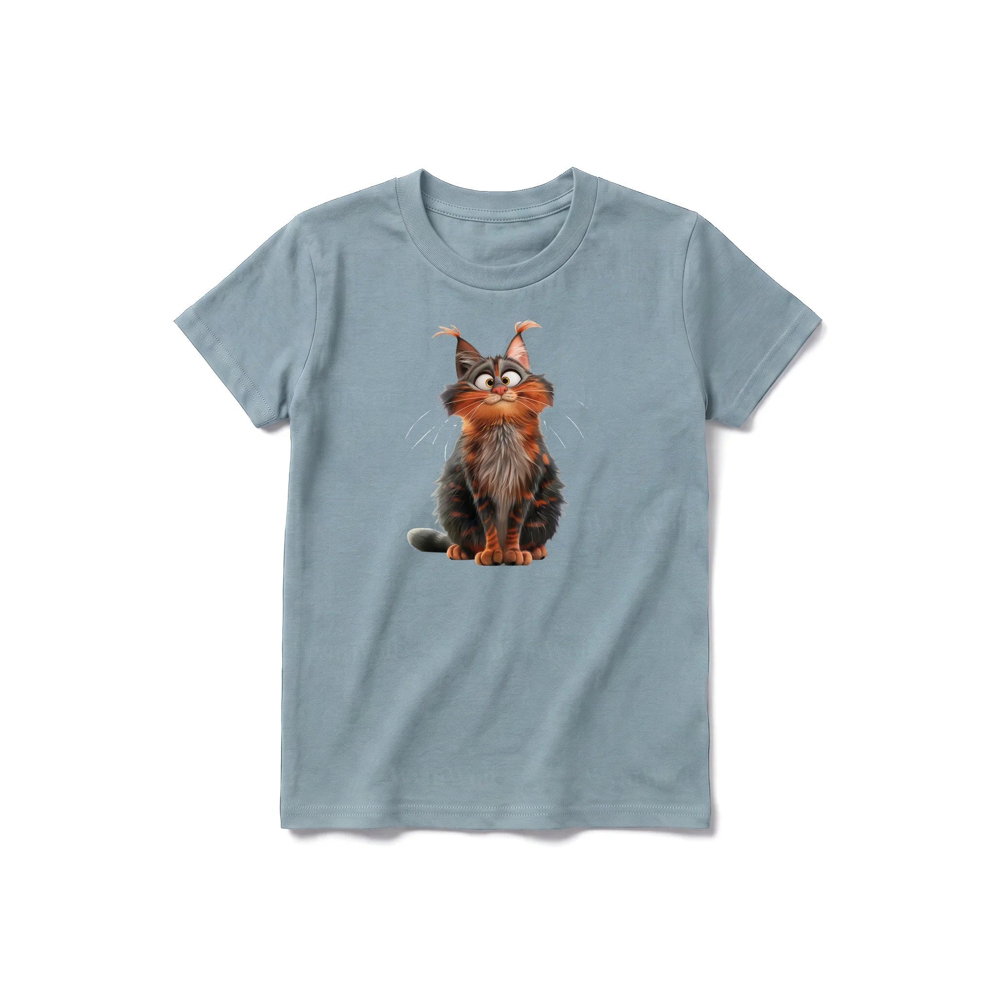 Un T-shirt sauge à manches courtes et col rond pour jeune, orné d'un motif représentant un chat sur le devant.