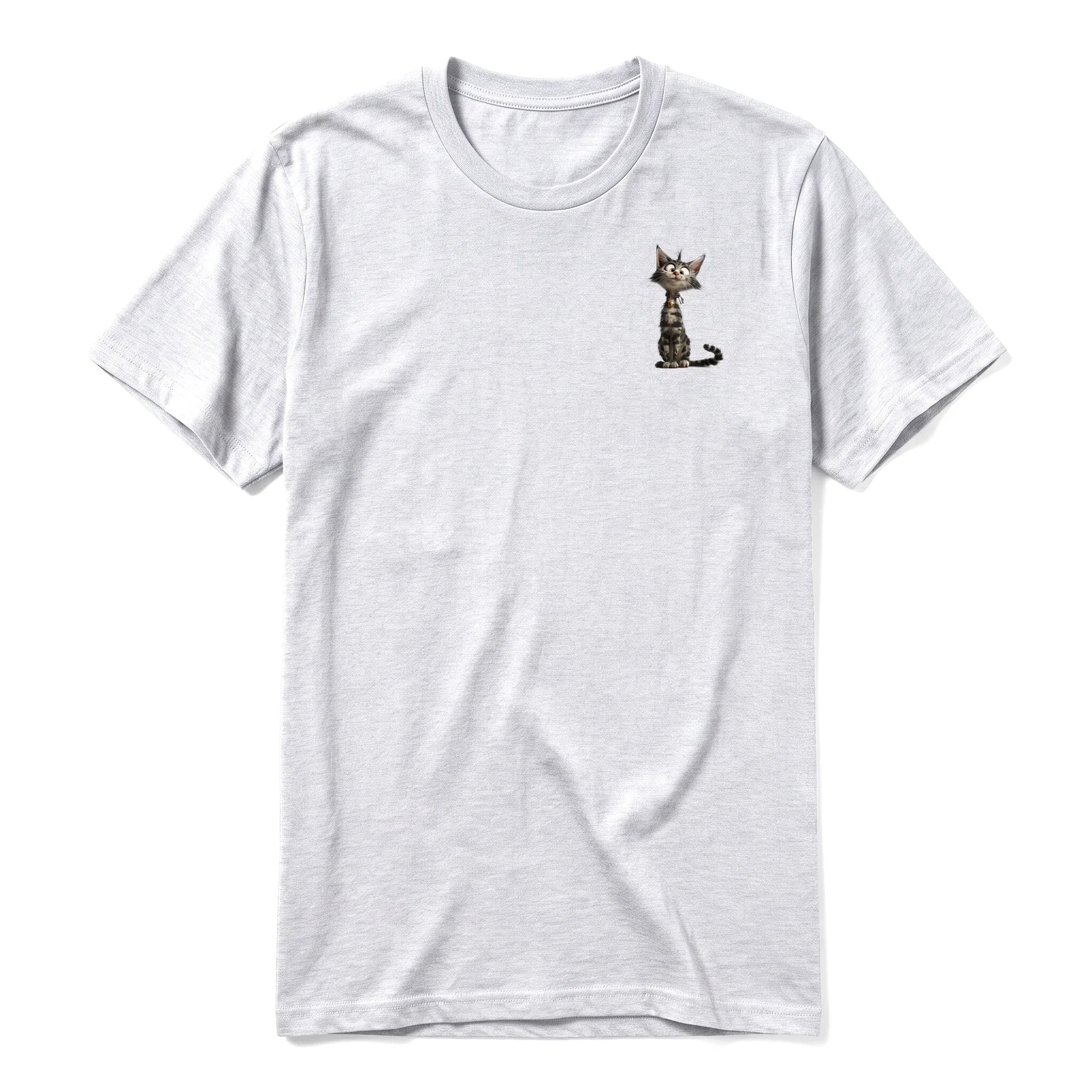 Un T-shirt gris cendré à manches courtes et col rond, orné d'un motif représentant un chat sur la poitrine gauche.