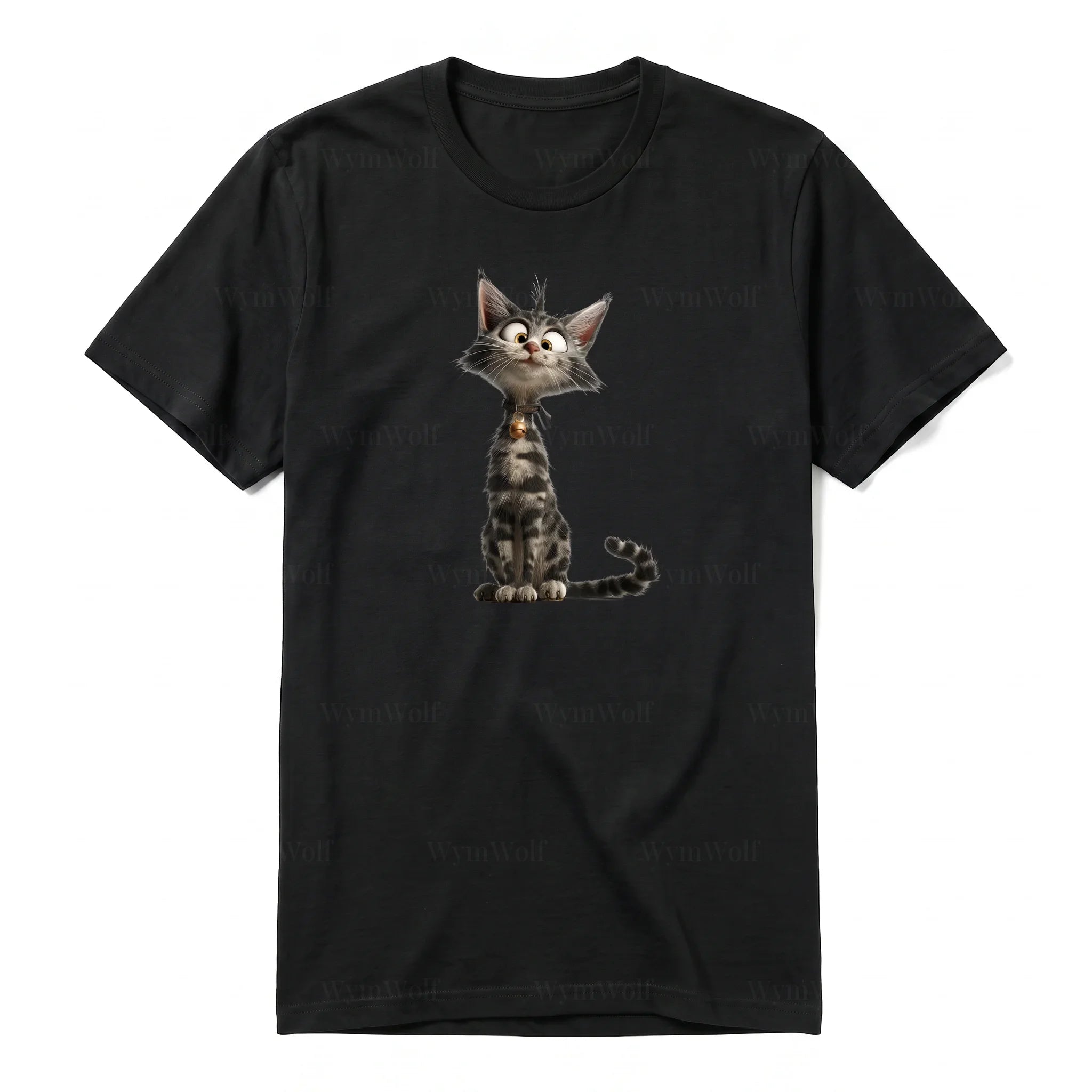 A black short-sleeve crewneck t-shirt for adult featuring a graphic of a cat on the front.
