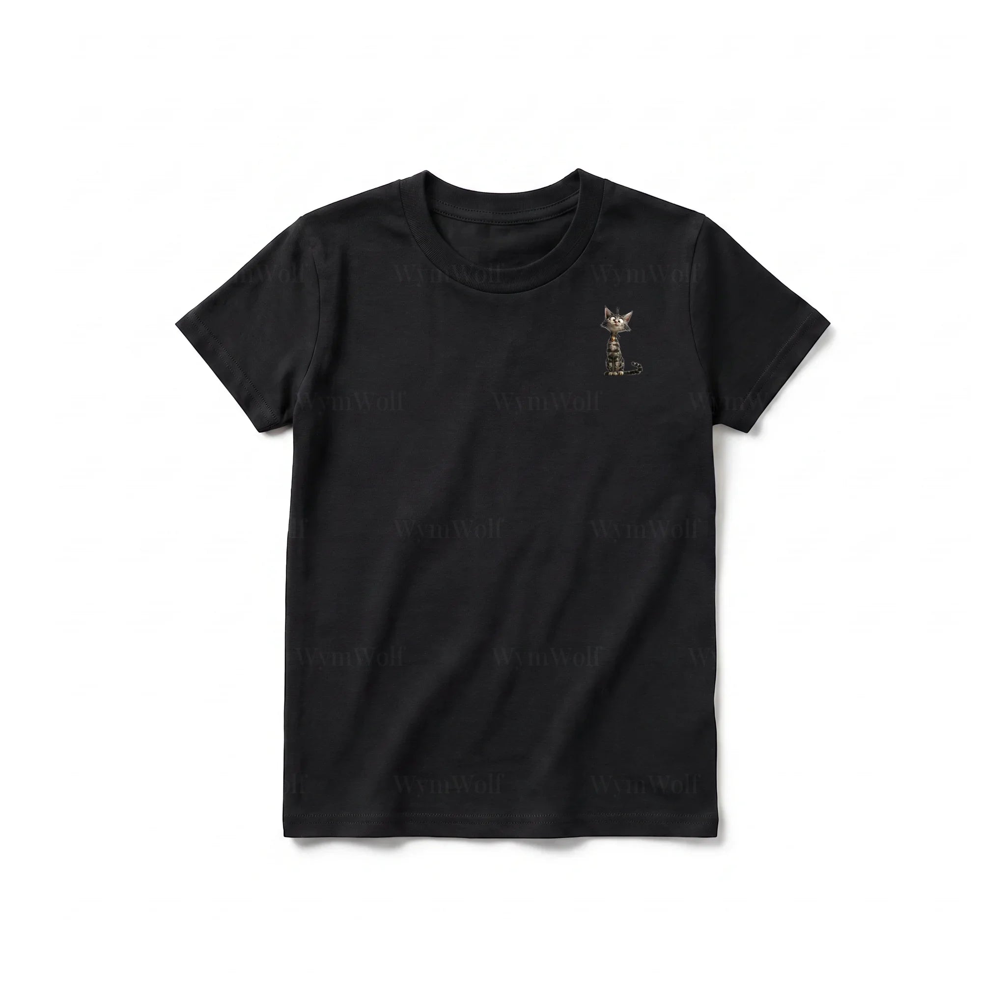 A black short-sleeve crewneck t-shirt for youth featuring a graphic of a cat on the left chest.