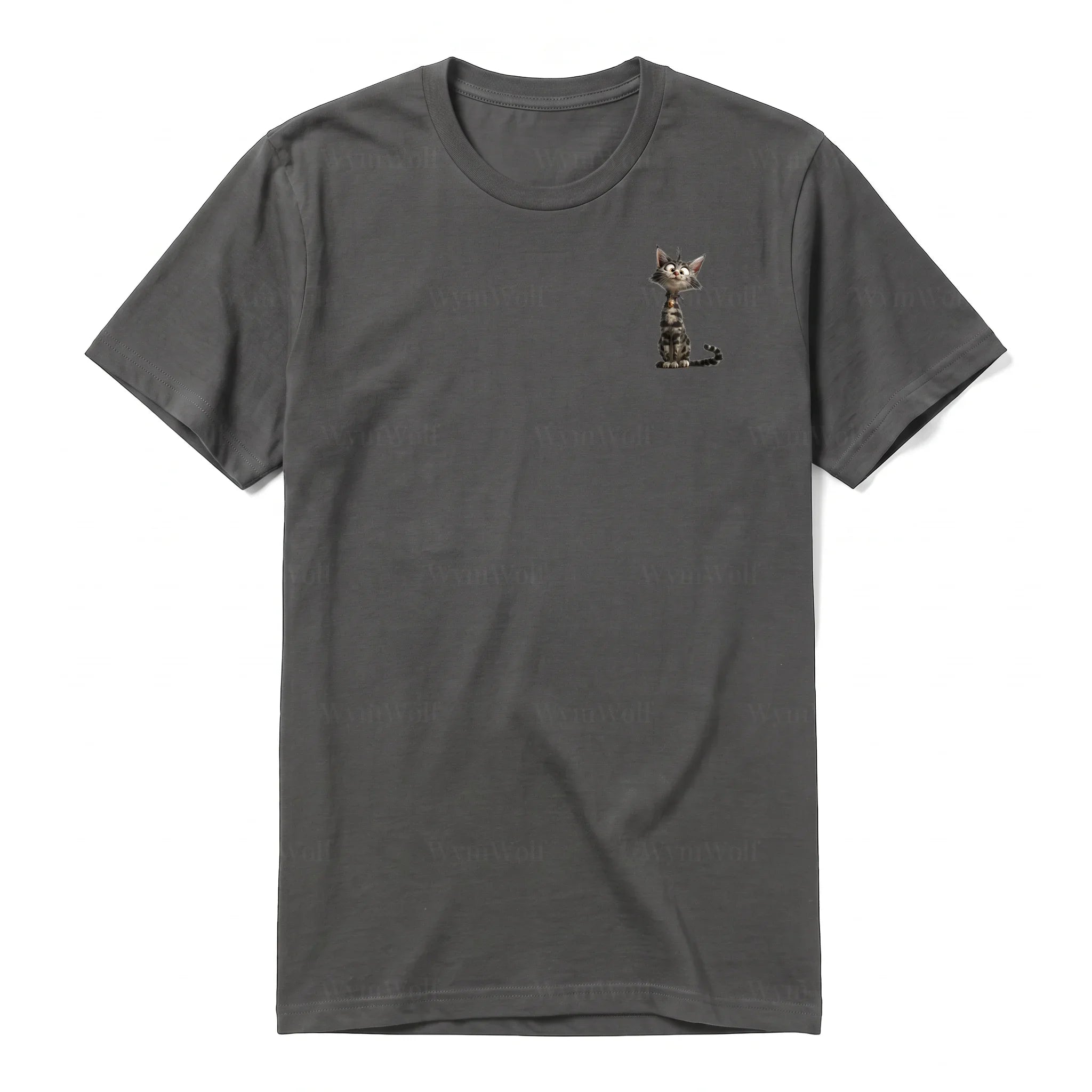 A charcoal short-sleeve crewneck t-shirt for adult featuring a graphic of a cat on the left chest.