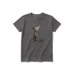 A charcoal short-sleeve crewneck t-shirt for youth featuring a graphic of a cat on the front.