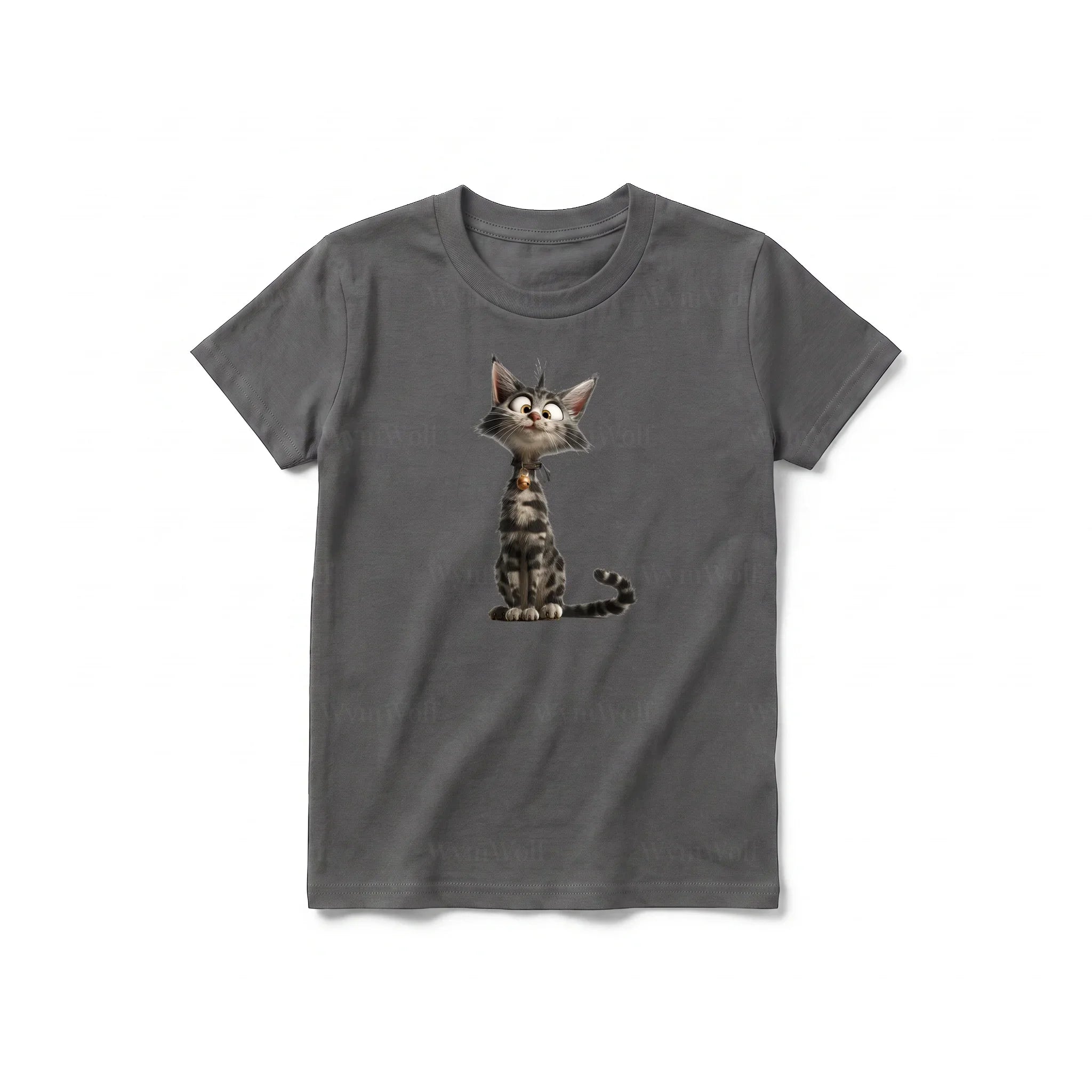 A charcoal short-sleeve crewneck t-shirt for youth featuring a graphic of a cat on the front.