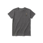 A charcoal short-sleeve crewneck t-shirt for youth featuring a graphic of a cat on the left chest.