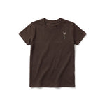 Un T-shirt chocolat à manches courtes et col rond pour jeune, orné d'un motif représentant un chat sur la poitrine gauche.