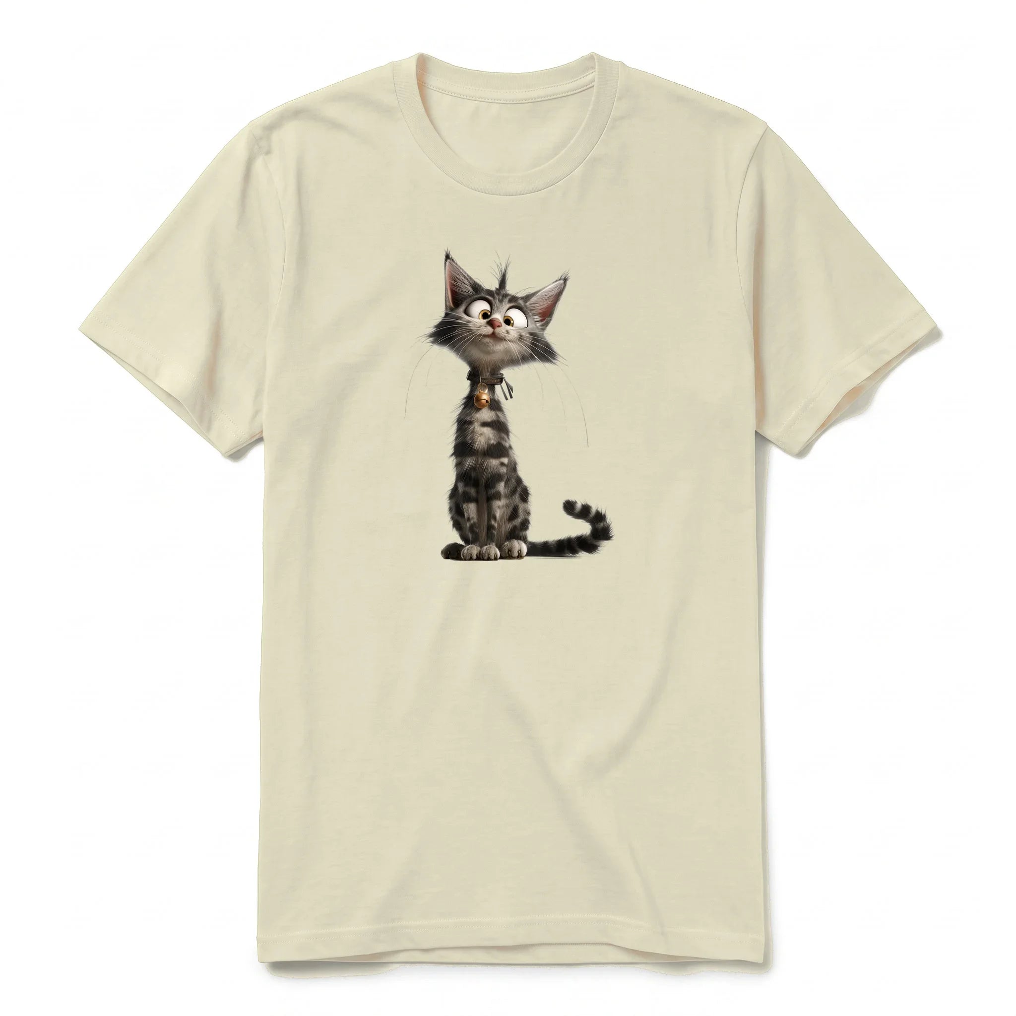 A latte short-sleeve crewneck t-shirt for adult featuring a graphic of a cat on the front.