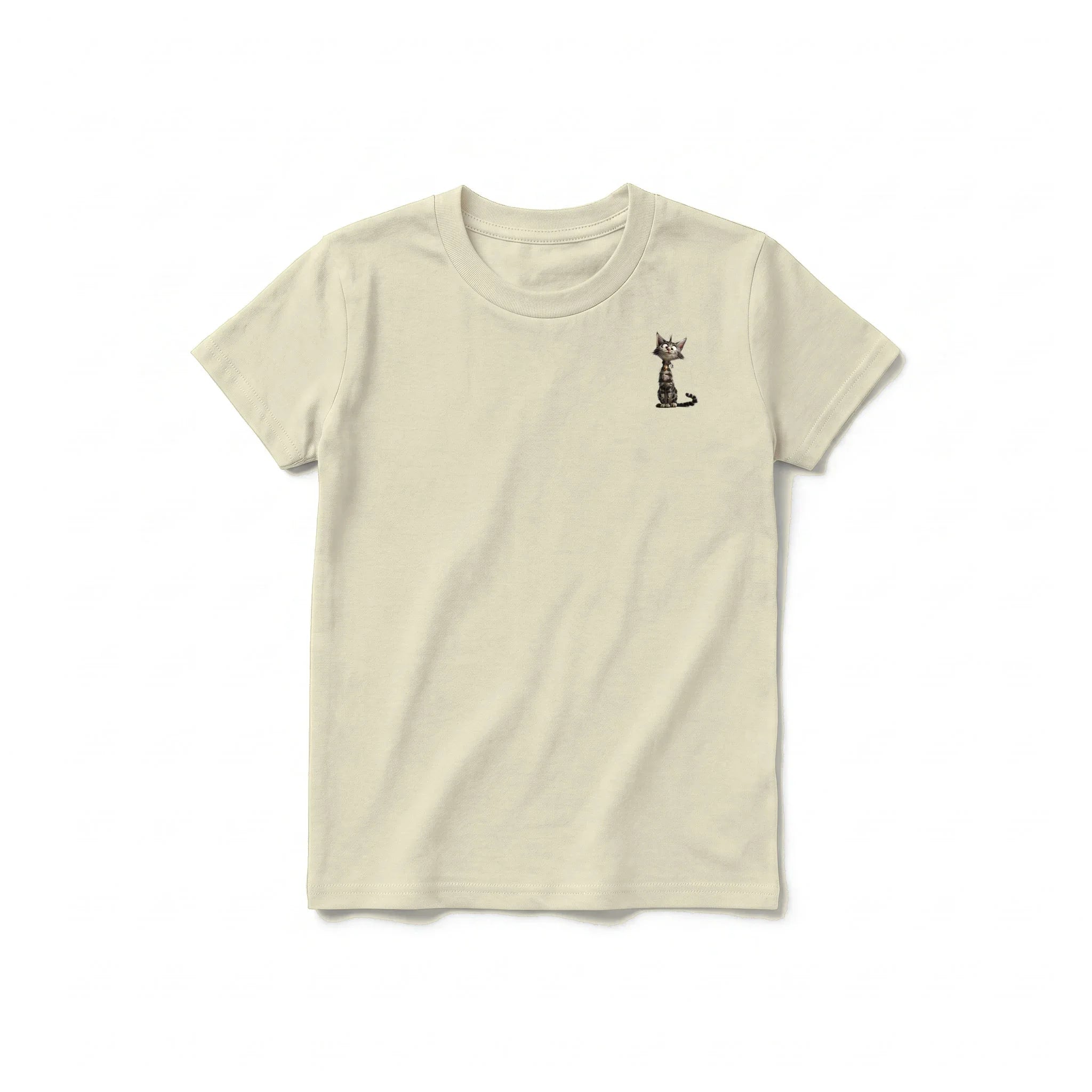 A latte short-sleeve crewneck t-shirt for youth featuring a graphic of a cat on the left chest.