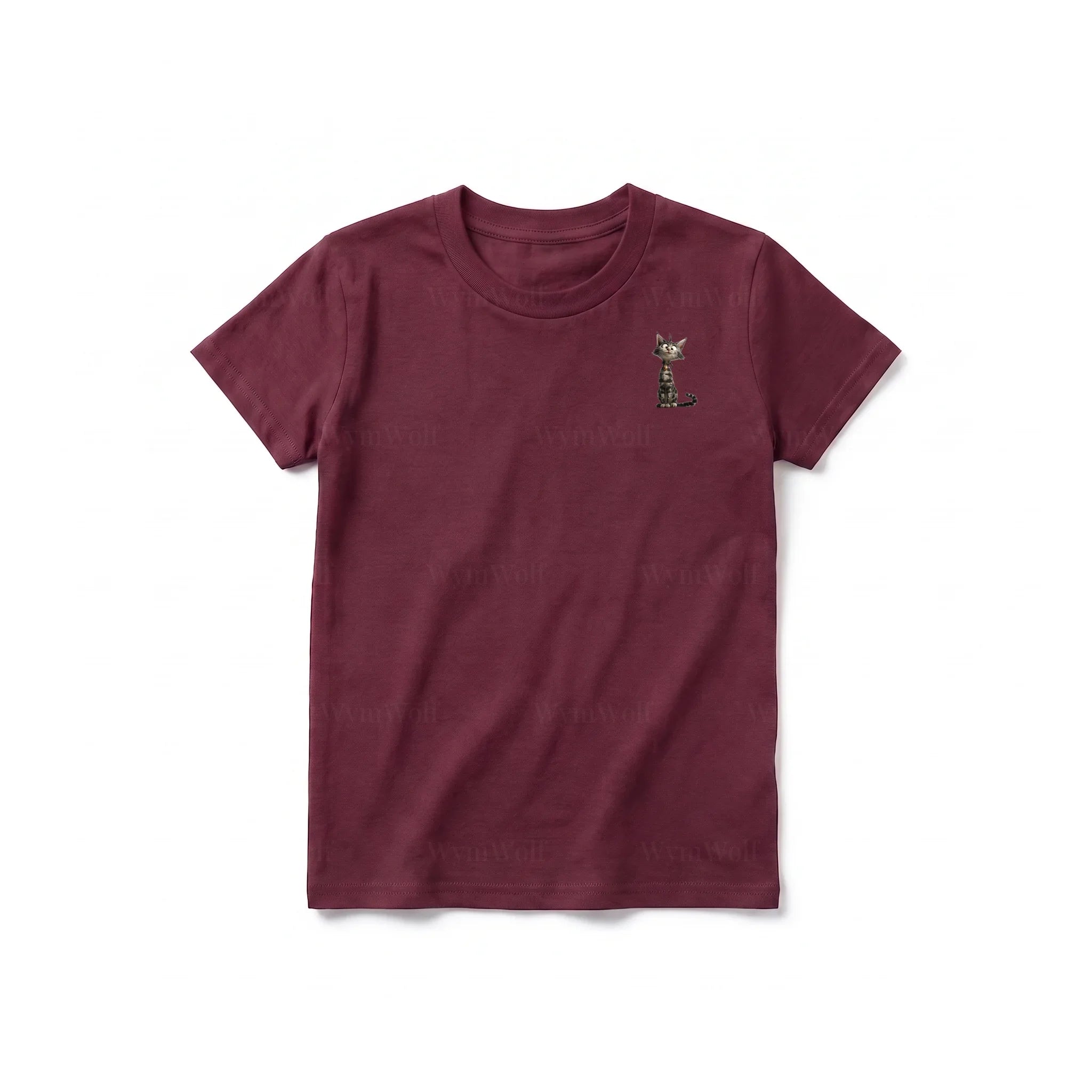 A maroon short-sleeve crewneck t-shirt for youth featuring a graphic of a cat on the left chest.