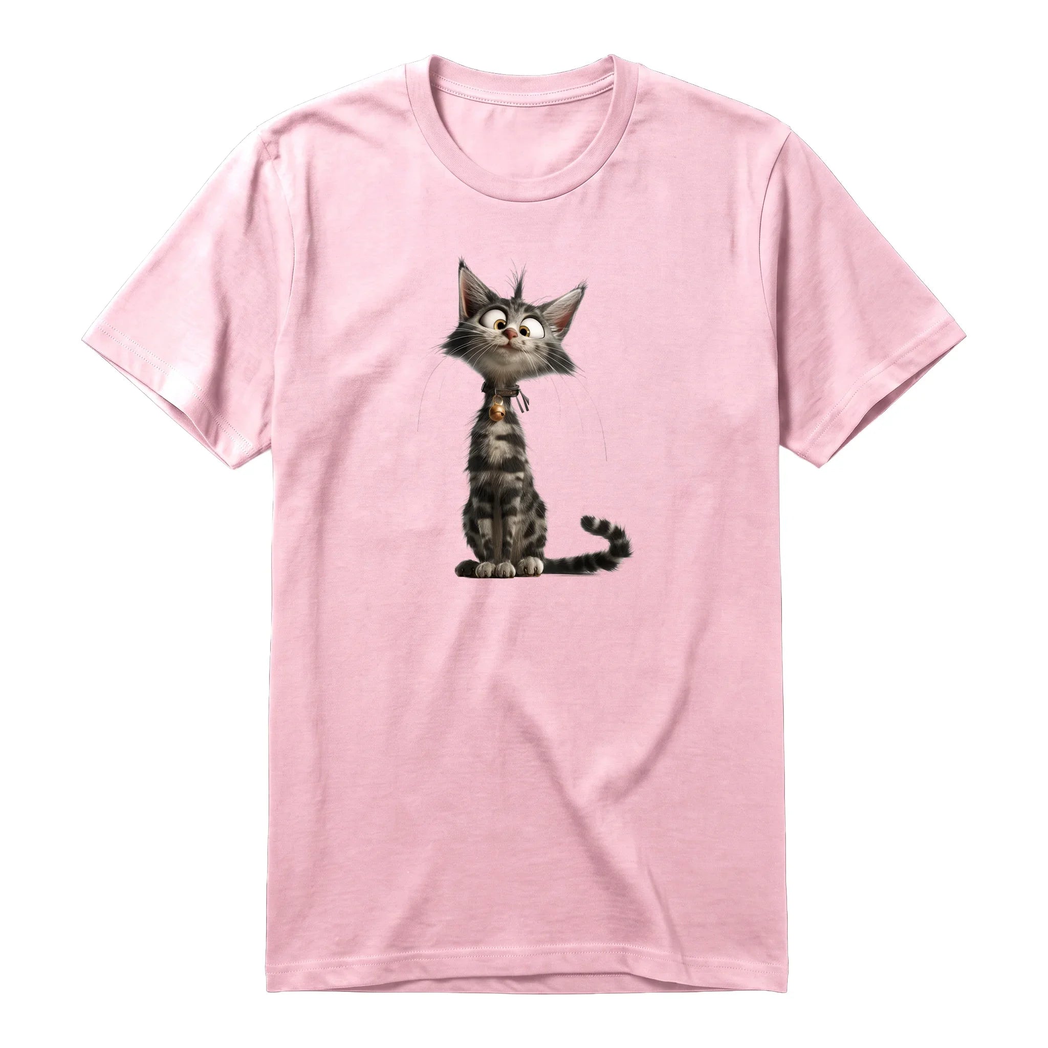 Un T-shirt rose à manches courtes et col rond, orné d'un motif représentant un chat sur le devant.