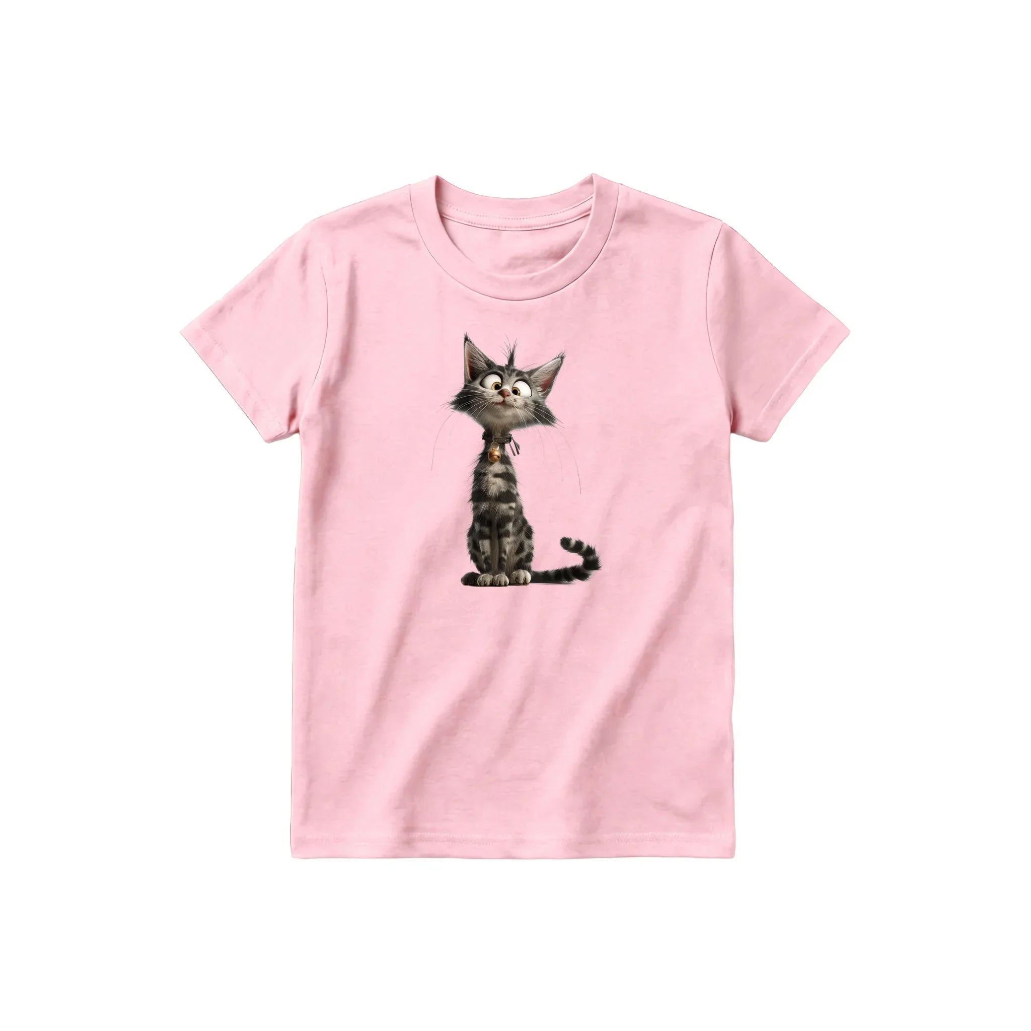 Un T-shirt rose à manches courtes et col rond pour jeune, orné d'un motif représentant un chat sur le devant.