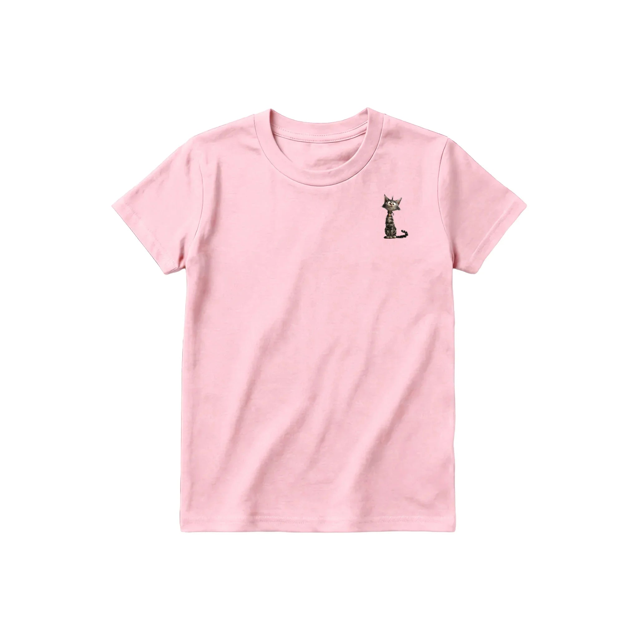 Un T-shirt rose à manches courtes et col rond pour jeune, orné d'un motif représentant un chat sur la poitrine gauche.