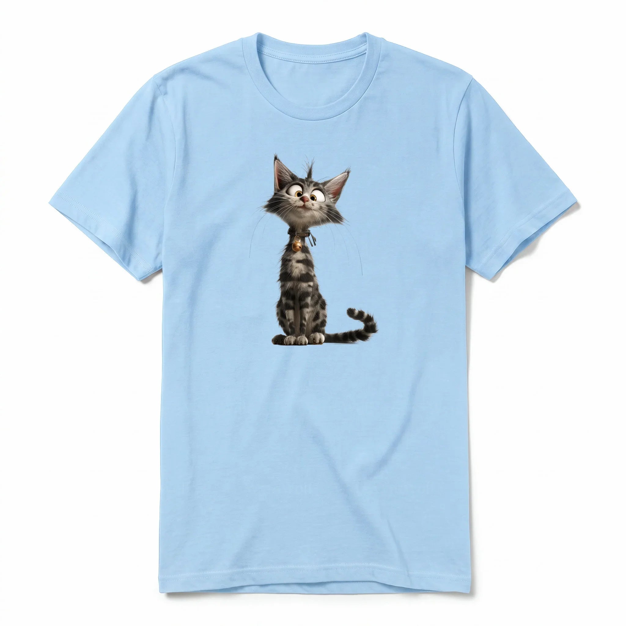 Un T-shirt poudre à manches courtes et col rond, orné d'un motif représentant un chat sur le devant.