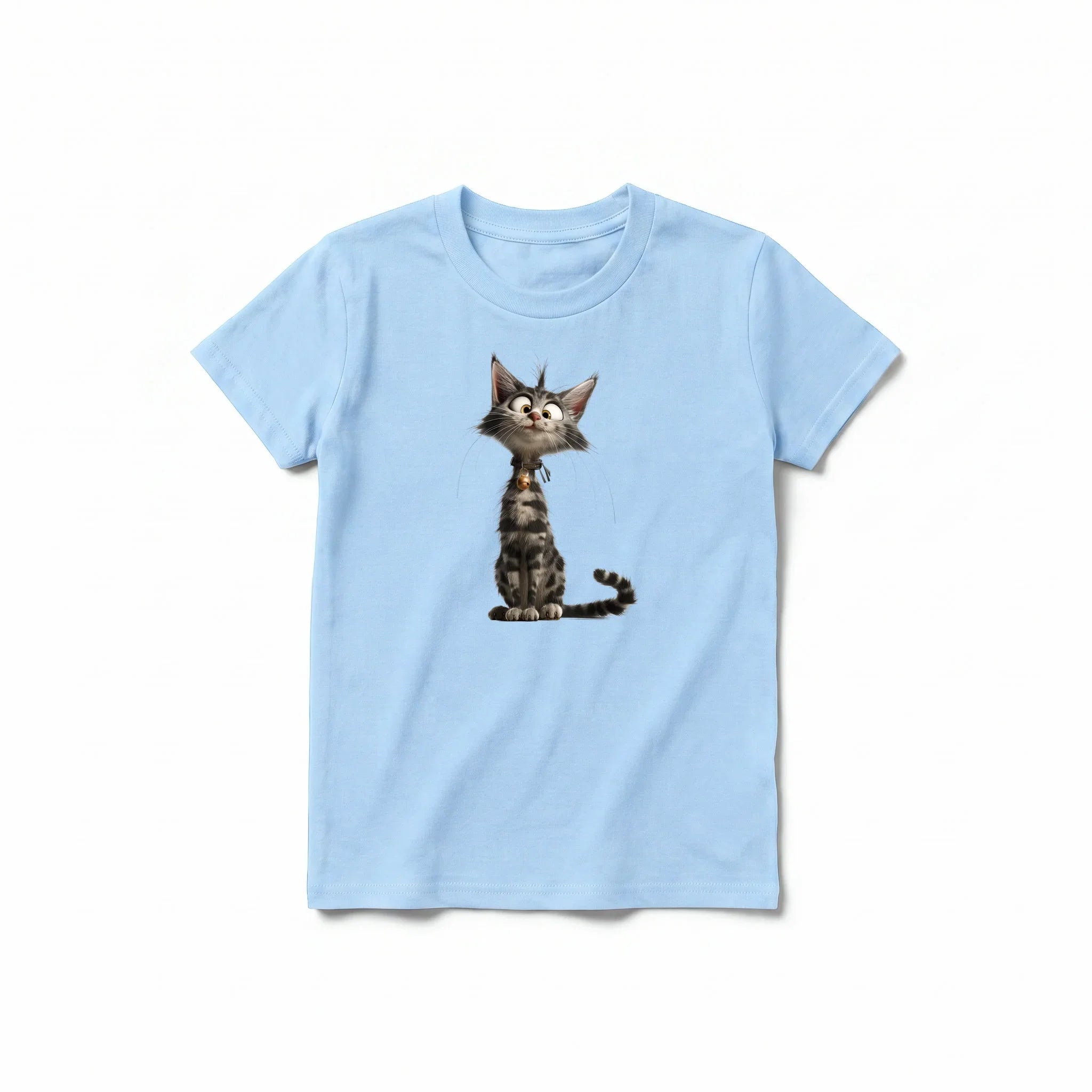 Un T-shirt poudre à manches courtes et col rond pour jeune, orné d'un motif représentant un chat sur le devant.