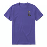 A purple short-sleeve crewneck t-shirt for adult featuring a graphic of a cat on the left chest.
